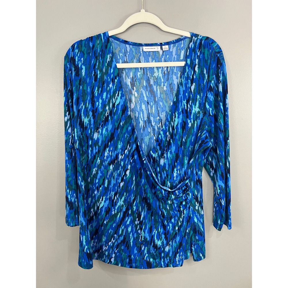 Susan Graver Faux Wrap Top Womens XL Blue Great Abstract Print Liquid Knit